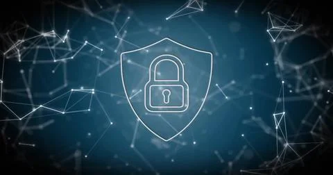 Image of padlock, connections and data processing over dark background Stock Photos