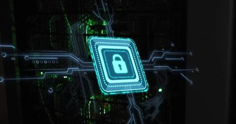 Image of padlock with connections over server room Stock Illustration