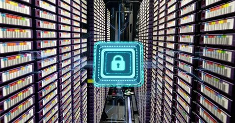 Image of padlock with connections over server room Illustrazione stock