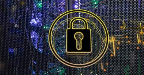 Image of padlock with connections over server room Stock Illustration