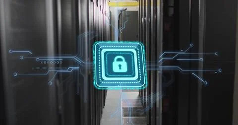 Image of padlock with connections over server room Illustrazione stock