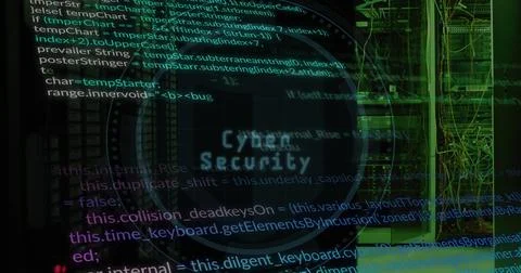 Image of padlock, cyber security text, computer language over data server Foto stock