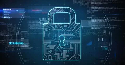 Image of padlock, data processing and text over scope Foto stock