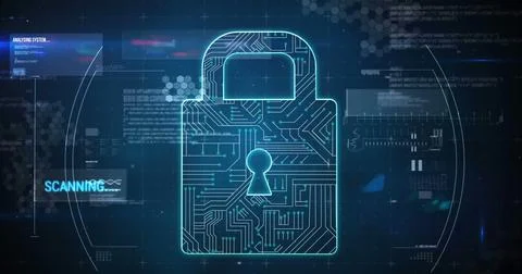 Image of padlock, data processing and text over scope Stock Photos