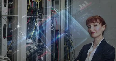 Image of padlock, data processing over computer servers and caucasian female it Stock Photos