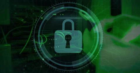 Image of padlock data processing over caucasian male it technician by computer 写真素材