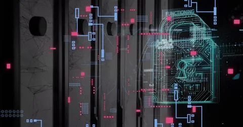 Image of padlock, data processing over computer servers Foto stock