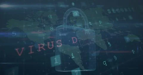 Image of padlock, digital data processing and world map over dark background Illustrazione stock