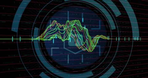 Image of padlock, digital data processing over scope scanning on dark background 写真素材