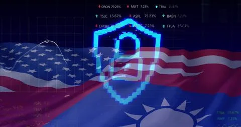 Image of padlock, financial data processing over flags of taiwan and united 写真素材