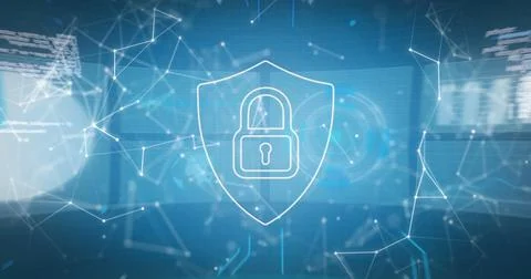 Image of padlock, globe over communication network and data processing Stock Photos