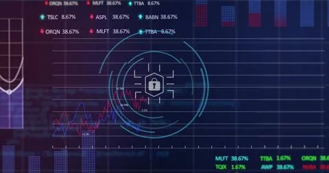 Image of padlock in hexagon, graphs, trading boards and computer language over 스톡 사진
