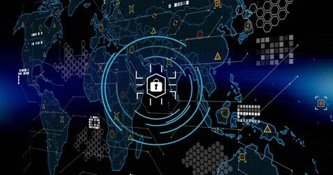 Image of padlock icon and computer data processing over dark background Stockfoto's