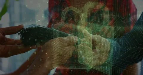 Image of padlock icon and cyberattack warning over diverse people paying with Foto stock