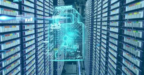 Image of padlock icon and data processing over server room Illustrazione stock