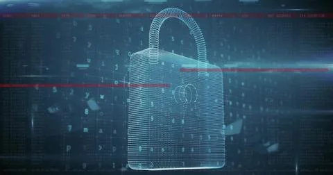 Image of padlock icon and data processing on black background Stock Illustration