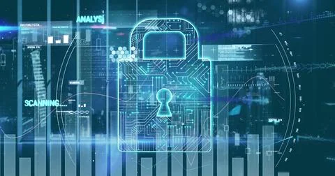 Image of padlock icon and data processing on black background Illustrazione stock