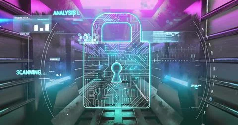 Image of padlock icon and data processing over digital tunnel 스톡 일러스트