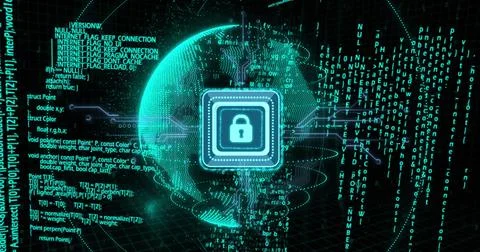 Image of padlock icon and data processing over globe 库存插图