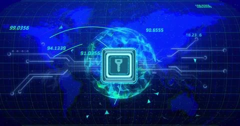 Image of padlock icon and data processing over globe Illustrazione stock