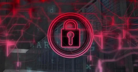 Image of padlock icon and data processing over server room Stock Illustration