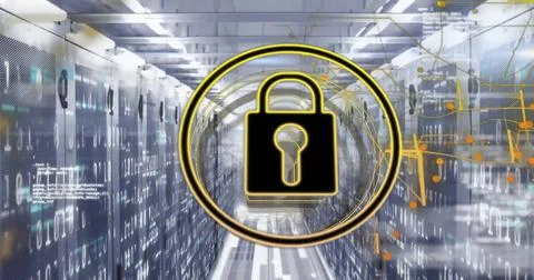 Image of padlock icon and data processing over computer servers 스톡 일러스트