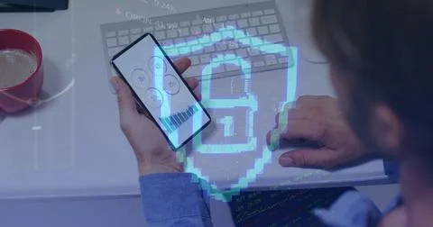 Image of padlock icon and data processing over caucasian man using smartphone Stockfoto's