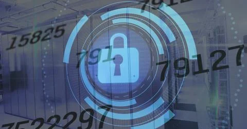 Image of padlock icon and data processing over server room Foto stock