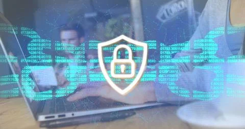 Image of padlock icon and data processing over caucasian woman using laptop Stock Photos