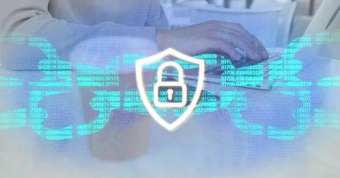 Image of padlock icon and data processing over biracial woman using laptop Stock Photos