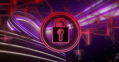 Image of padlock icon and data processing on dark background Foto stock
