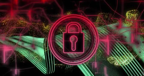 Image of padlock icon and data processing on dark background Stock Photos