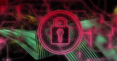 Image of padlock icon and data processing on dark background Stock Photos