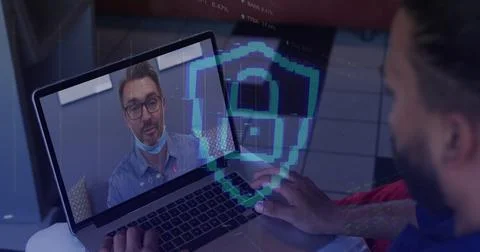 Image of padlock icon and data processing over african american man having .. 写真素材
