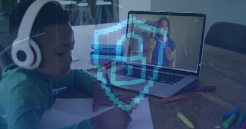 Image of padlock icon and data processing over african american boy having .. Stock Photos