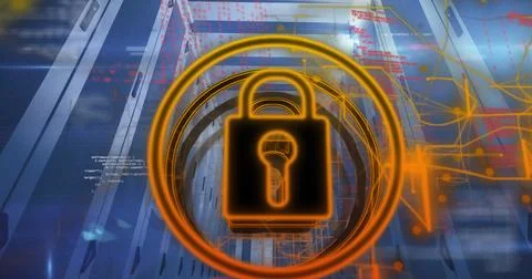 Image of padlock icon and data processing over computer servers Stock Photos