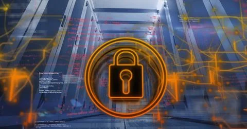 Image of padlock icon and data processing over computer servers 写真素材