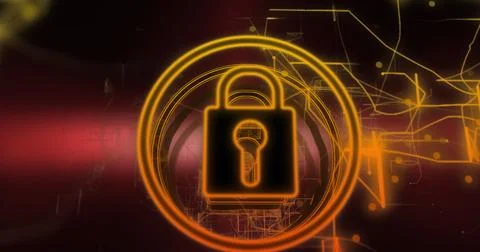 Image of padlock icon and data processing over dark background Stock Photos