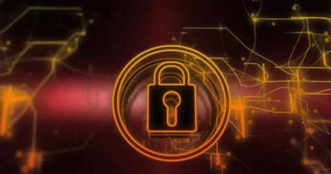 Image of padlock icon and data processing over dark background Stock Photos