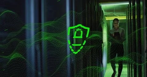 Image of padlock icon and data processing over caucasian female it engineer by Stock Photos