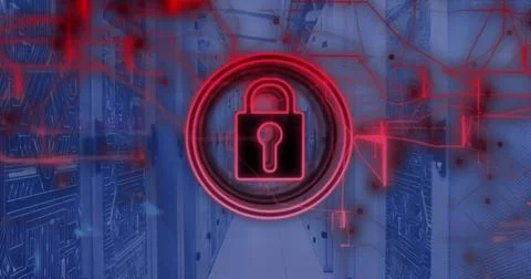 Image of padlock icon and data processing over computer servers Stock Photos