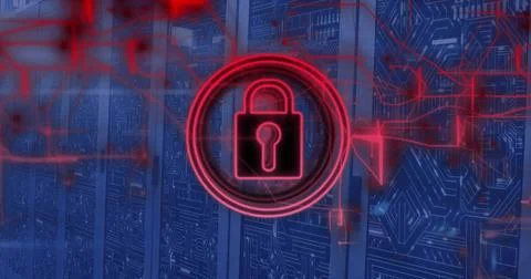 Image of padlock icon and data processing over computer servers Stock Photos