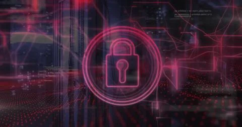 Image of padlock icon and data processing over computer servers Stockfoto's