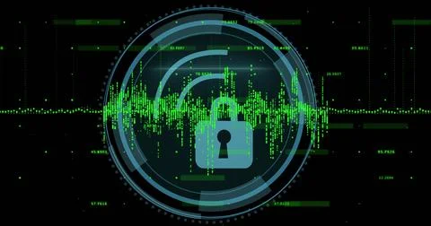 Image of padlock icon and data processing over black background Stock Photos