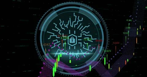 Image of padlock icon and data processing over black background 스톡 사진