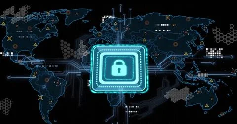 Image of padlock icon and data processing with circuit board Stock Photos