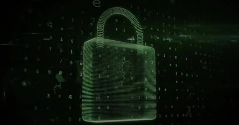 Image of padlock icon and data processing on black background Foto stock