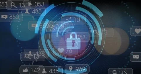 Image of padlock icon and data processing over media icons Foto stock