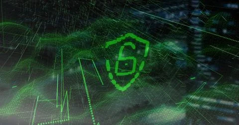 Image of padlock icon and digital data processing over cityscape Illustrazione stock