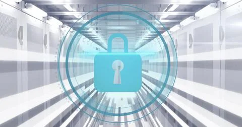 Image of padlock icon and digital data processing over computer servers 스톡 사진